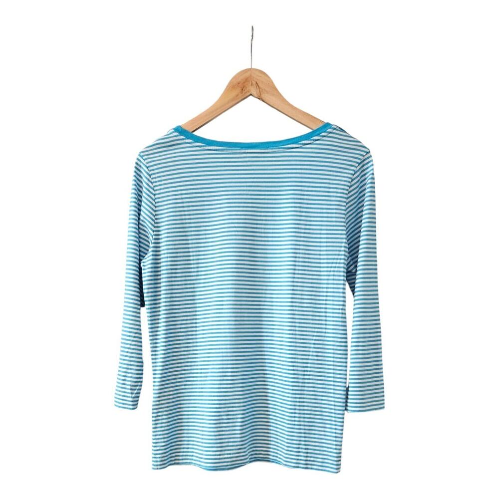 Ralph Lauren Womens LG Blue White Striped Top 100% Pima Cotton Yellow Pony Logo - Picture 2 of 6